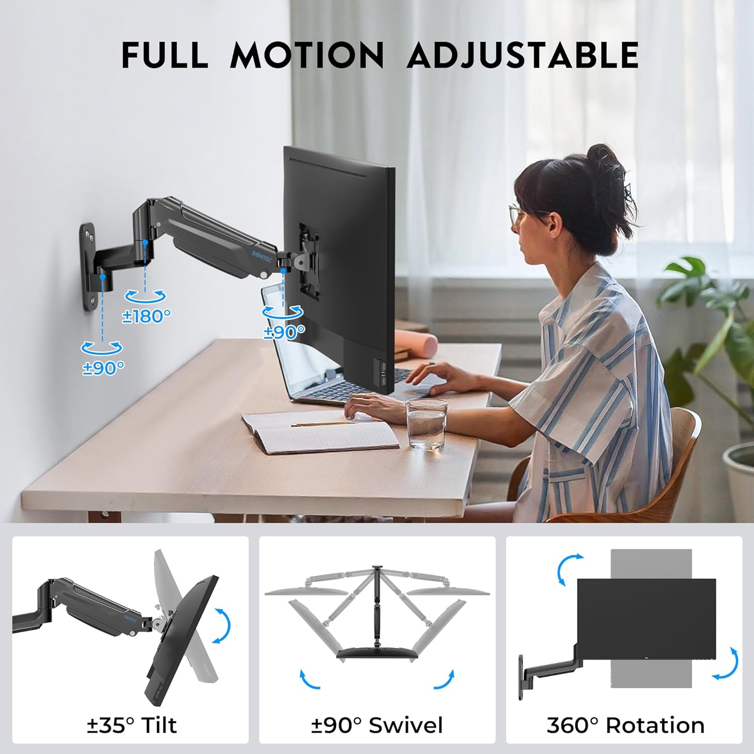 Thumbnail 4 de BONTEC supporto monitor a parete con braccio a molla a gas per 13–42" fino a 9 kg, VESA 200x200