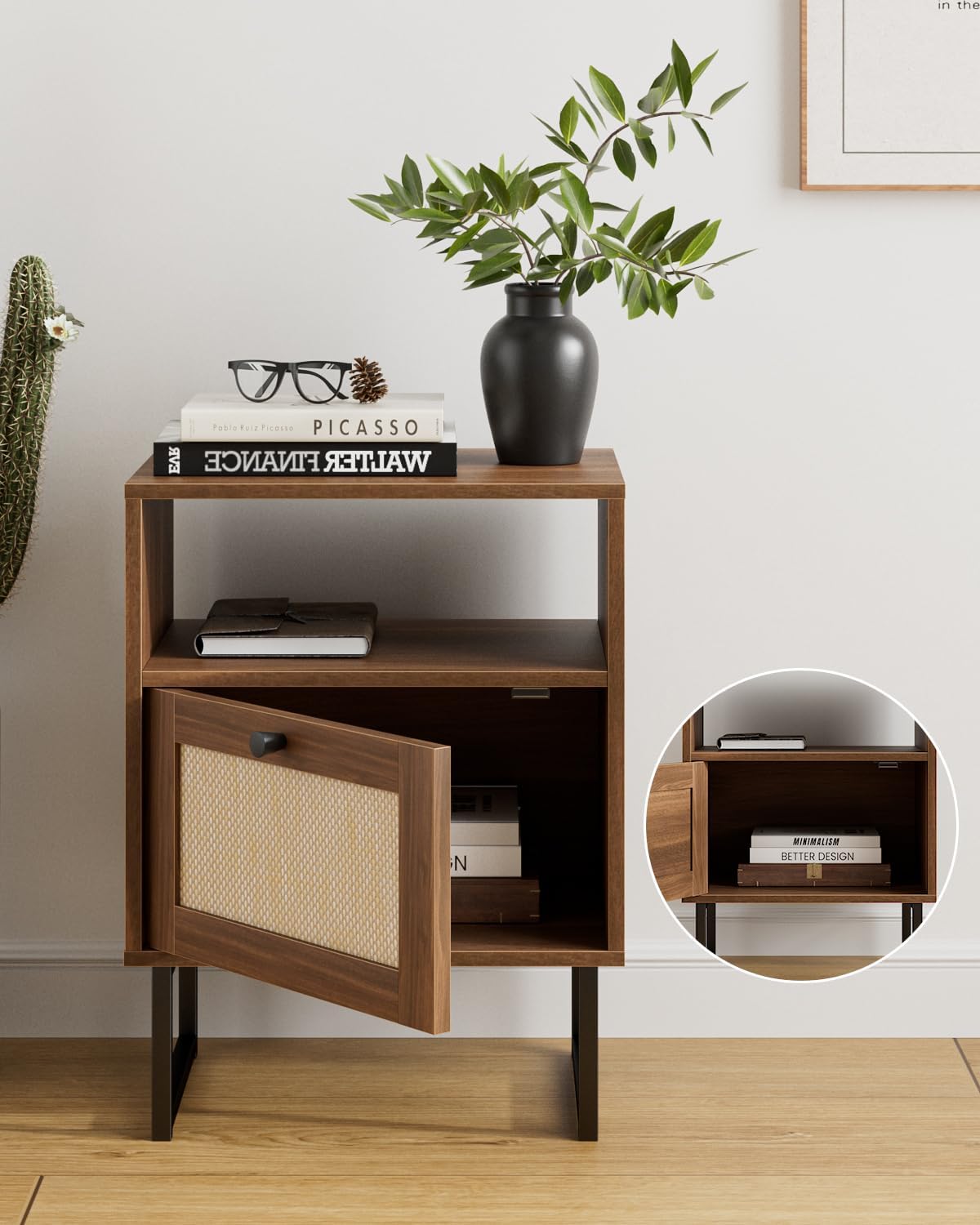 Thumbnail 4 de Masupu Rattan Night Stand, Walnut Brown Bedside Table with Drawer and Shelf