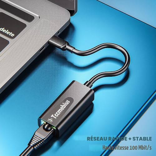 Detalle de Tccmebius TCC-S20C Adaptateur Ethernet USB‑C vers RJ45 — 100 Mbps, plug-and-play