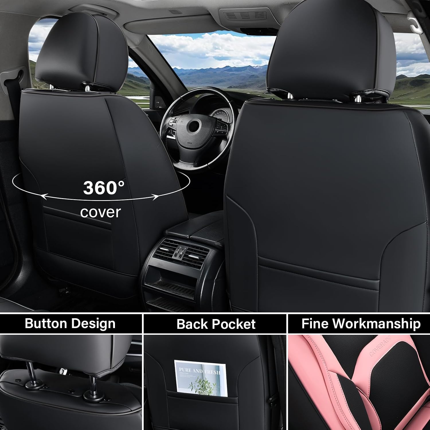 Detalle de Coverado Car Seat Covers Full Set — Waterproof Nappa Leather with Lumbar Support (Black & Pink)
