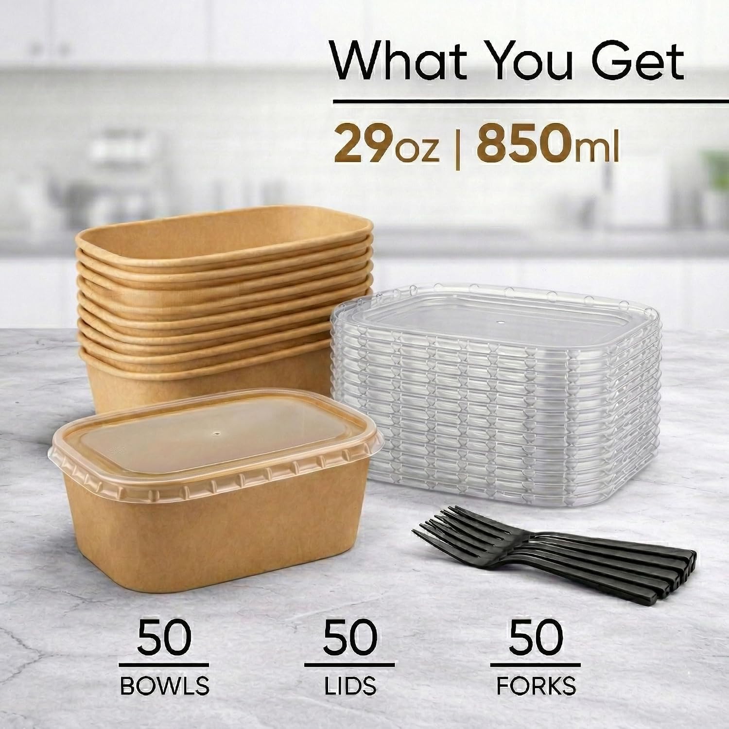 Thumbnail 2 de Leafiew 50 Pack 29Oz Disposable Meal Prep Containers with Lids – Microwave & Freezer Safe Kraft Paper Bowls
