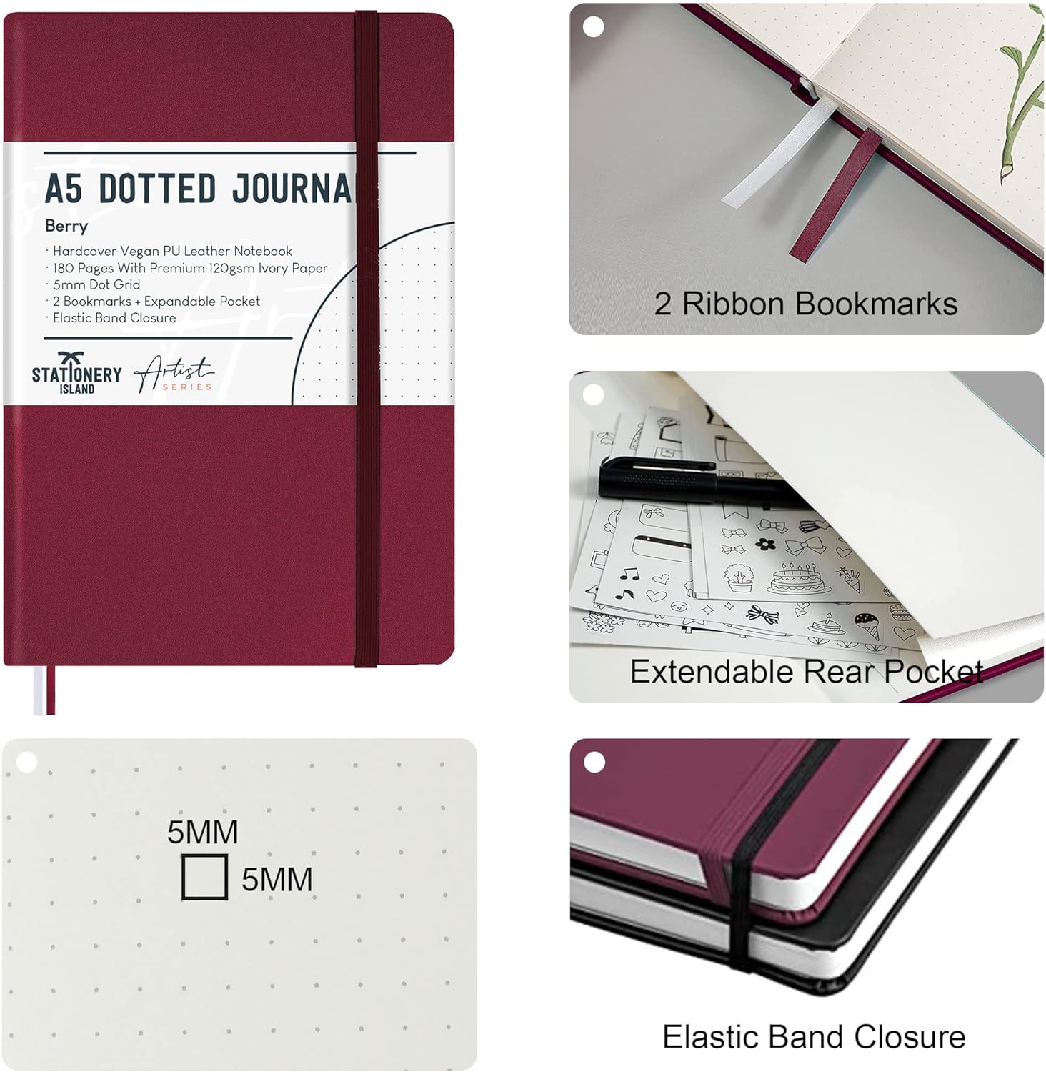 Detalle 2 de STATIONERY ISLAND Bullet Dotted Journal A5 (Hardcover, 120gsm, 180 Pages) – Berry Red