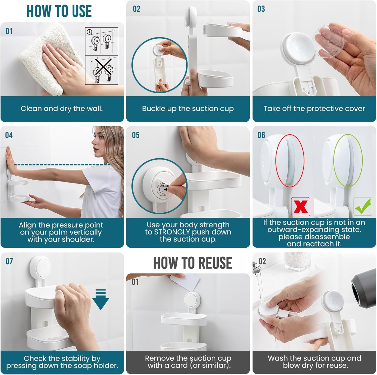 Thumbnail 6 de TAILI Porte-savon double couche sans perçage (ventouse) avec drainage, blanc