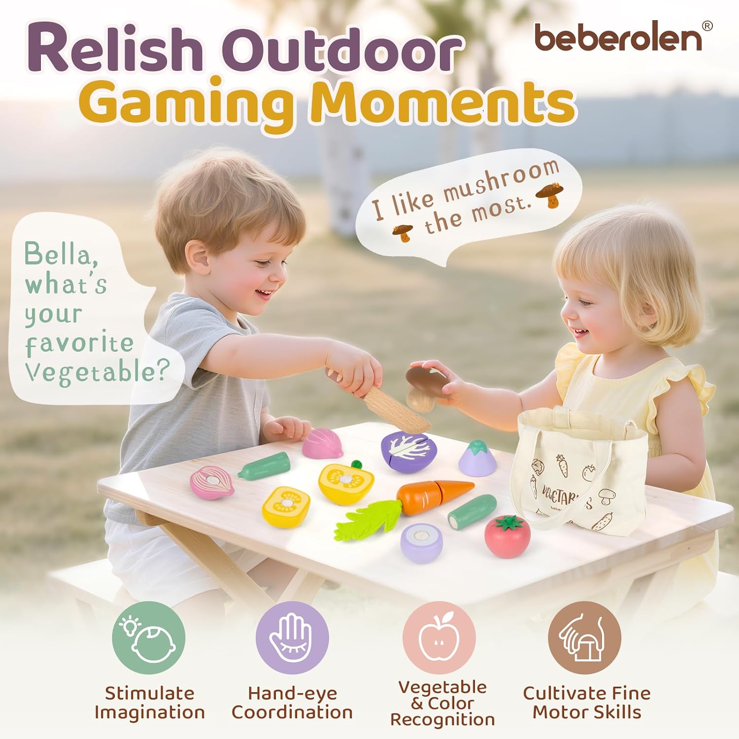 Detalle 2 de Beberolen Kinderküche Zubehör aus Holz – Obst & Gemüse Set mit Tragetasche