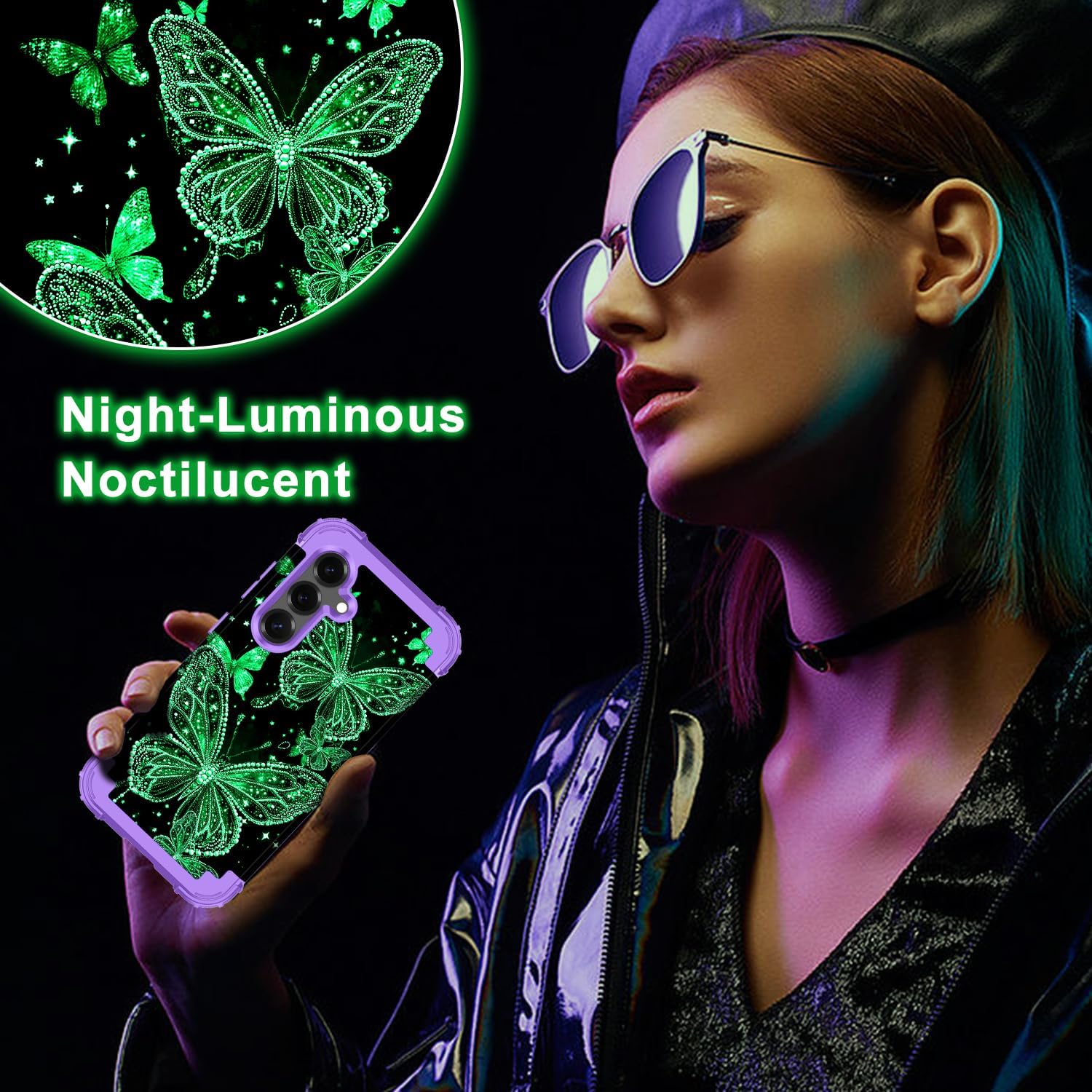 Detalle de Rancase Galaxy S25 Case, 3-Layer Glow-in-the-Dark Purple Phone Case