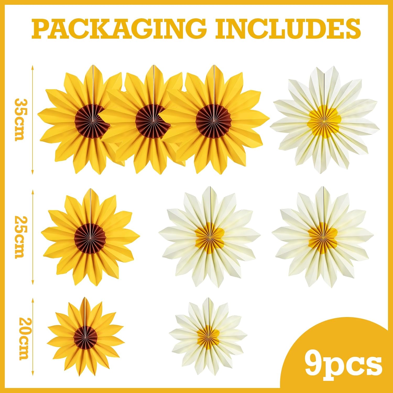 Detalle 2 de SUNBEAUTY 9 Pcs Sunflower Yellow Paper Fans Hanging Decorations