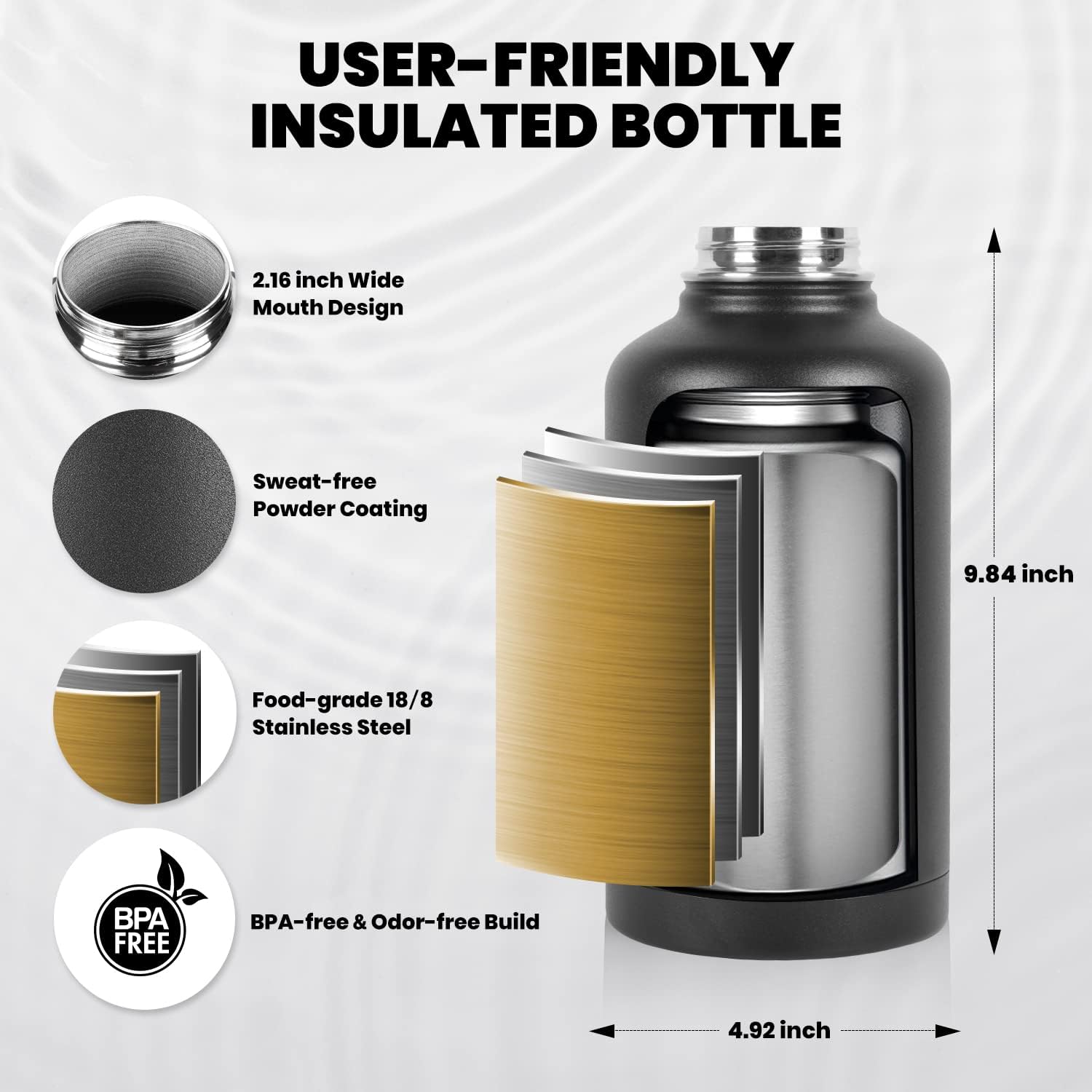 Detalle de RAYMYLO 64 oz Insulated Stainless Steel Bottle with Triple-Wall Vacuum, Leak-Proof Lids, and Paracord Handle