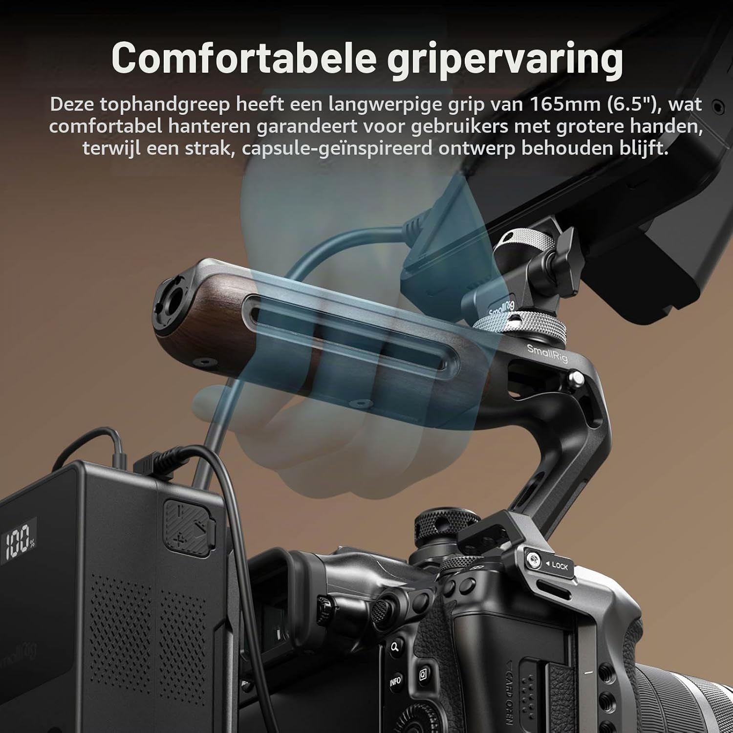 Detalle de SMALLRIG 5252 houten cameragreep met 1/4"-20/3/8"-16-bevestiging en 15 kg draagvermogen
