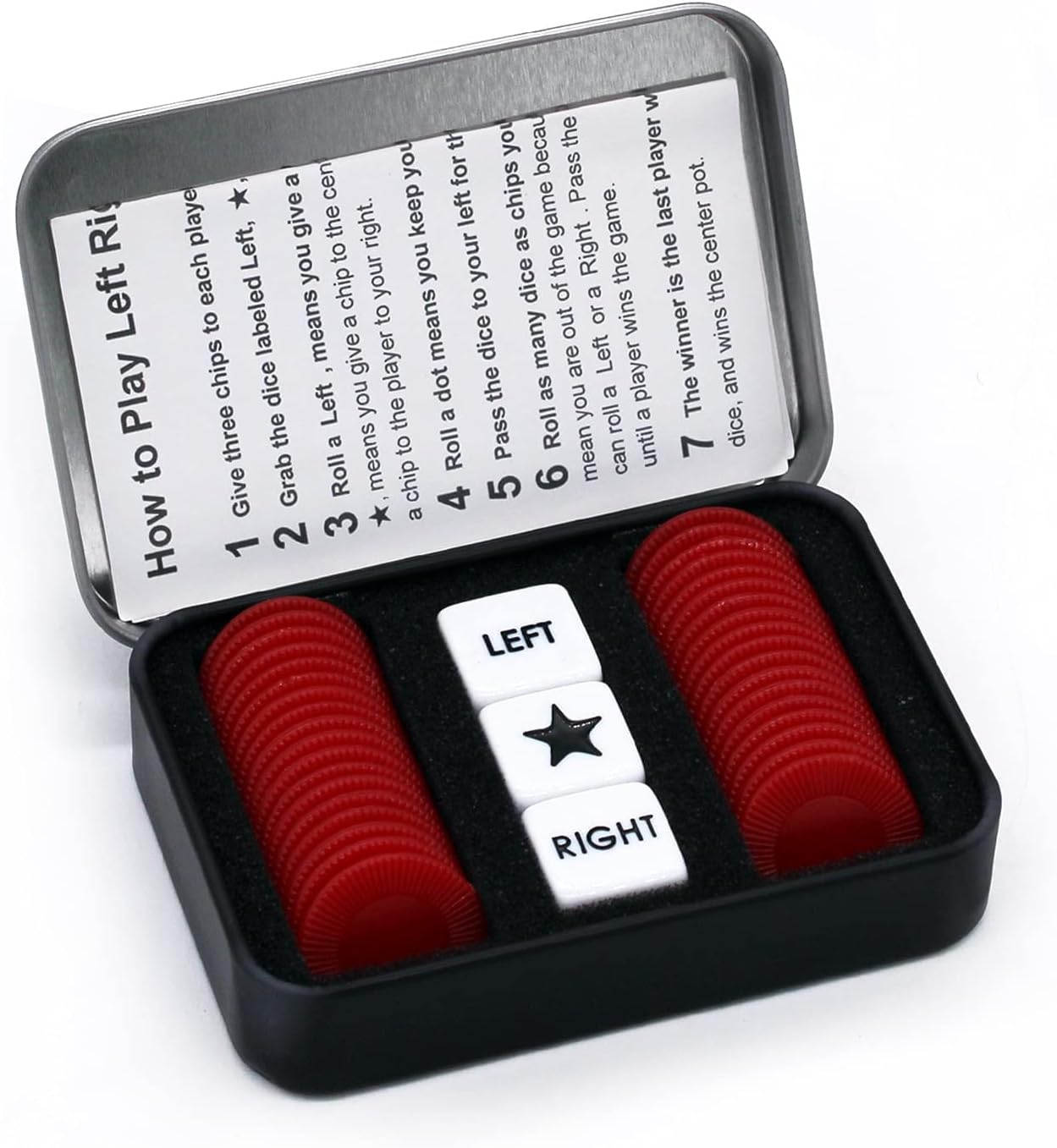 Detalle de Bilywey Left Right Center Dice Game Set with 3 Dice + 36 Black Chips (Black)