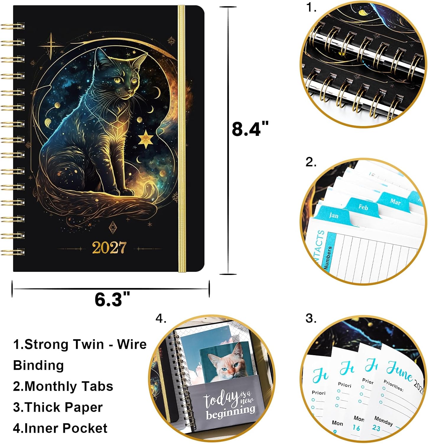 Detalle de Planrage PRA5MMXK25Z 2027 Weekly and Monthly Cat Planner, Thick Paper, Twin-Wire Binding