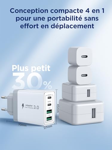 Detalle de Aioneus Chargeur USB C 40W 4 Ports – Charge rapide multi-port USB-C et USB-A