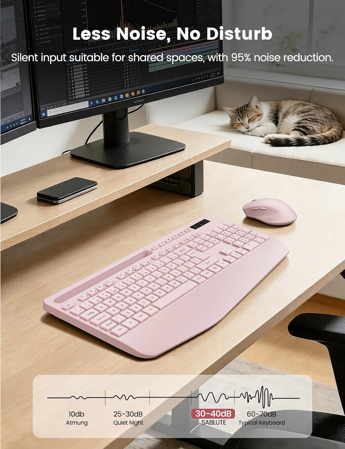 Detalle de Wireless Keyboard and Mouse Combo (Pink) — Full-Size, Ergonomic with Wrist Rest