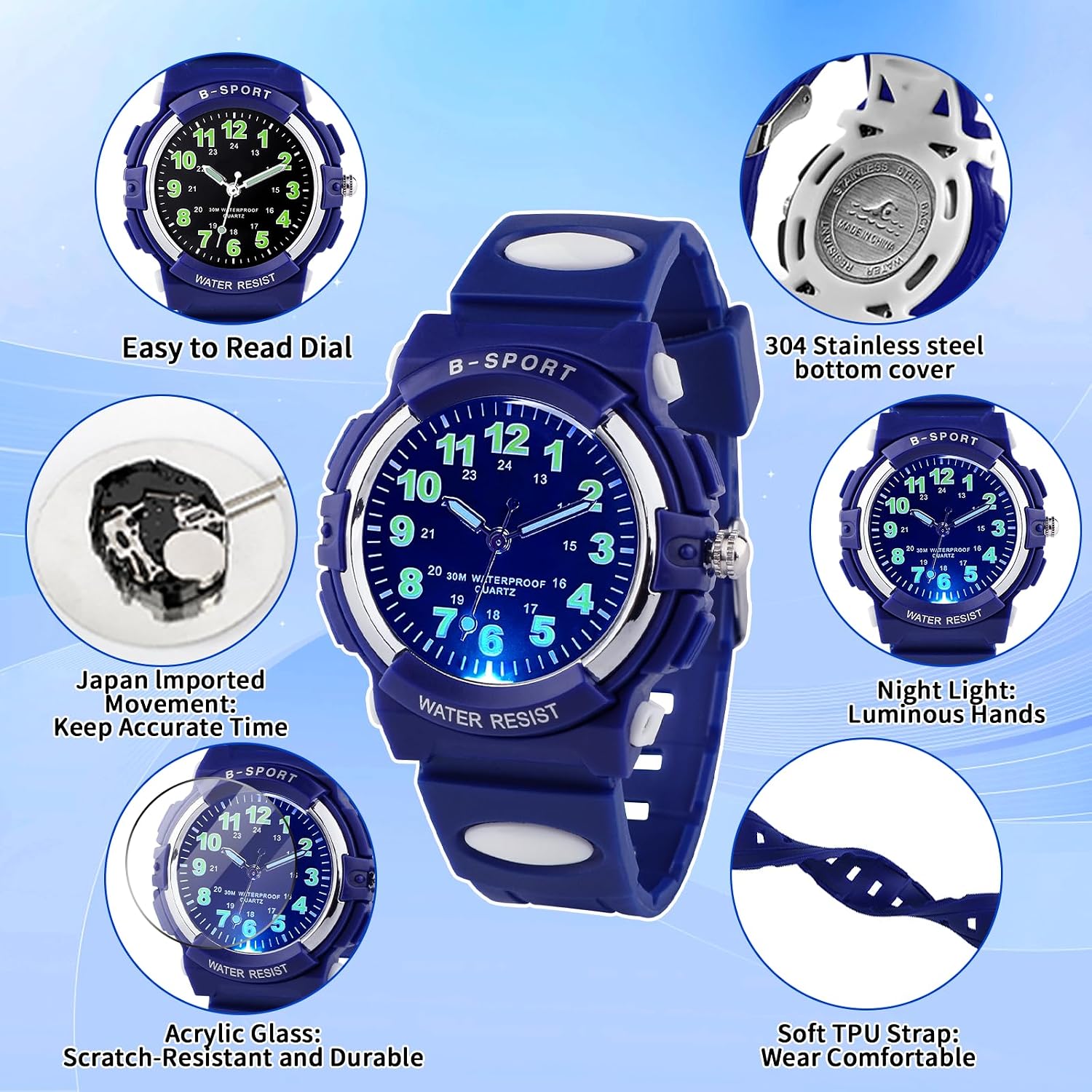 Detalle 2 de DTKID Montre Enfant Garçons et Filles – 7 Lumières Colorées, Étanche 30M, Quartz Japonais