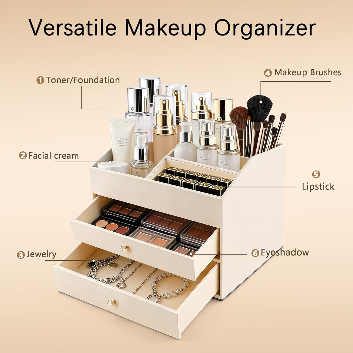 Thumbnail 5 de Homeanda Faux Leather Makeup Organiser with 2 Drawers (Beige, 25x18x21.5cm)