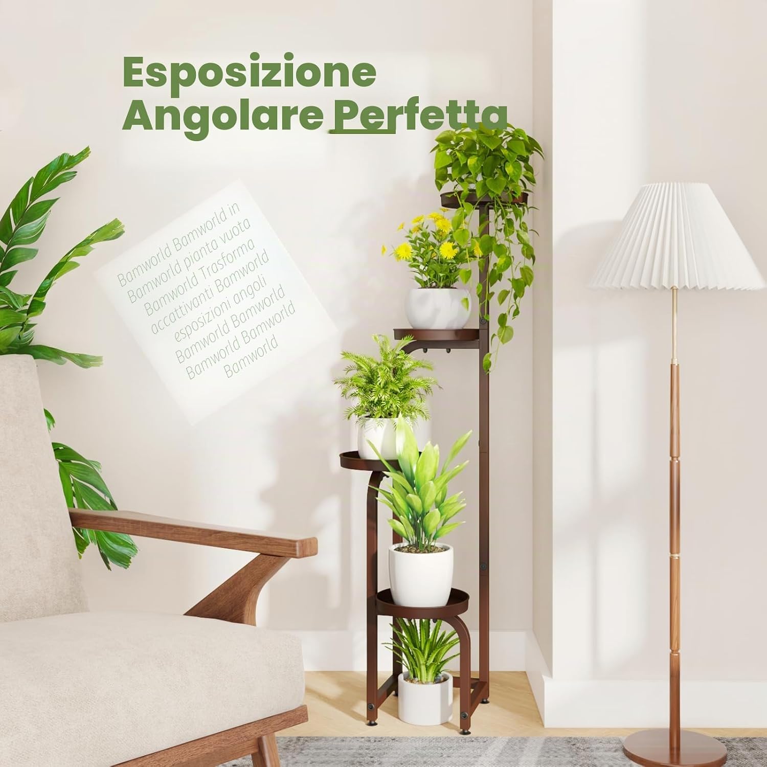 Detalle de Bamworld Porta Piante da Esterno/Interno: supporto a spirale in ferro, 4 livelli, Marrone, 116,8 cm