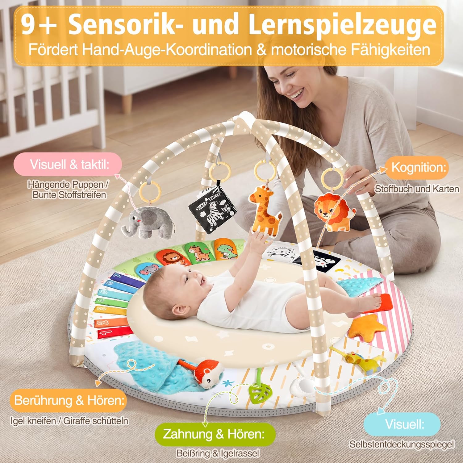 Thumbnail 2 de URMYWO Spielbogen Baby-Krabbeldecke mit 5 abnehmbaren Spielzeugen und 6 Entwicklungsregionen