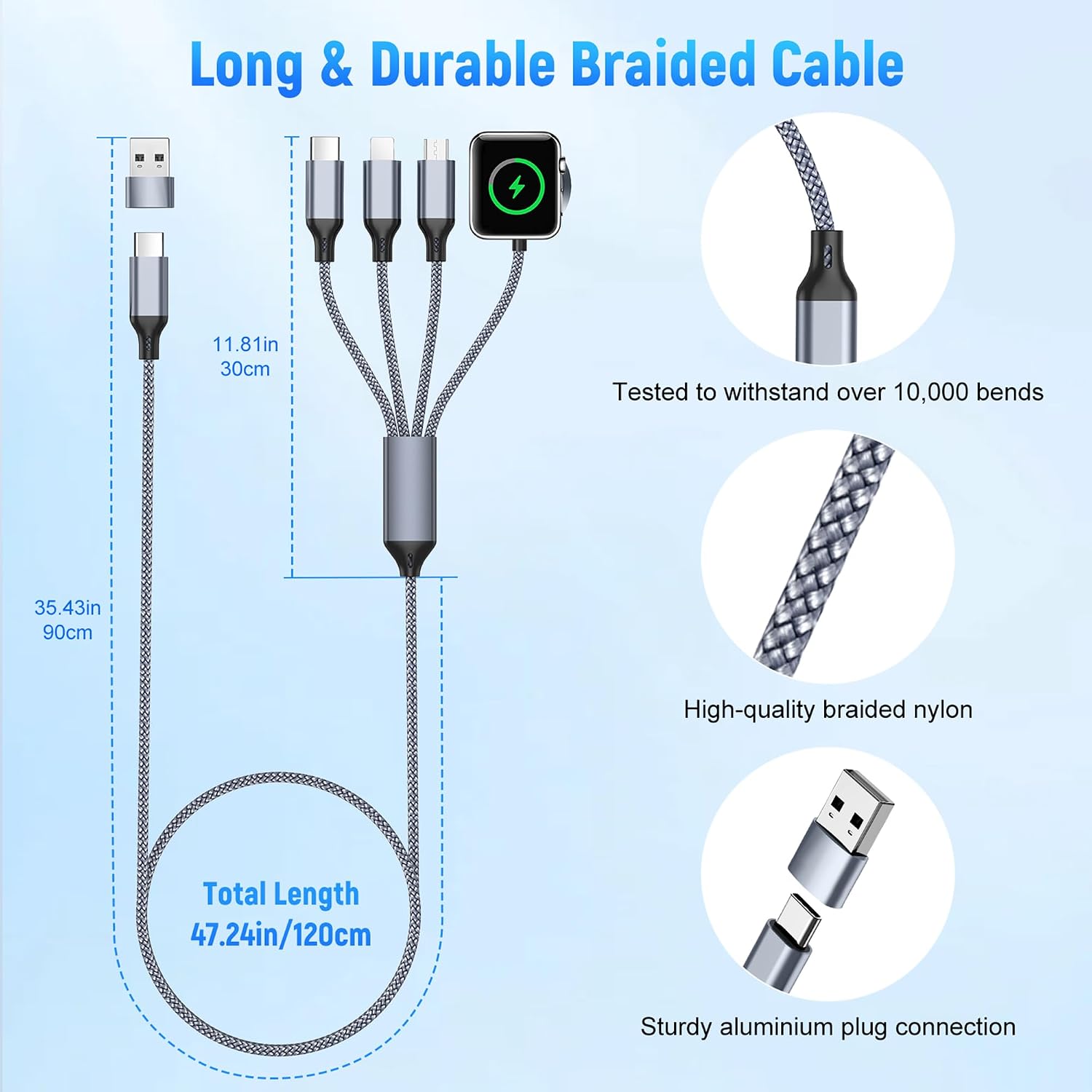 Thumbnail 3 de 4 in 1 Charging Cable for Apple Watch, iPhone, iPad and More – imododomio 1.2m Braided Travel Cable