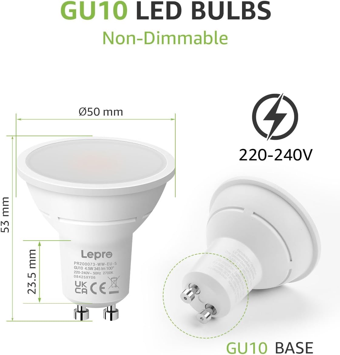 Detalle 2 de Lepro GU10 LED Bulbs, Warm White 2700K, 4.5W, 50W Equivalent, Pack of 5 by Lighting EVER
