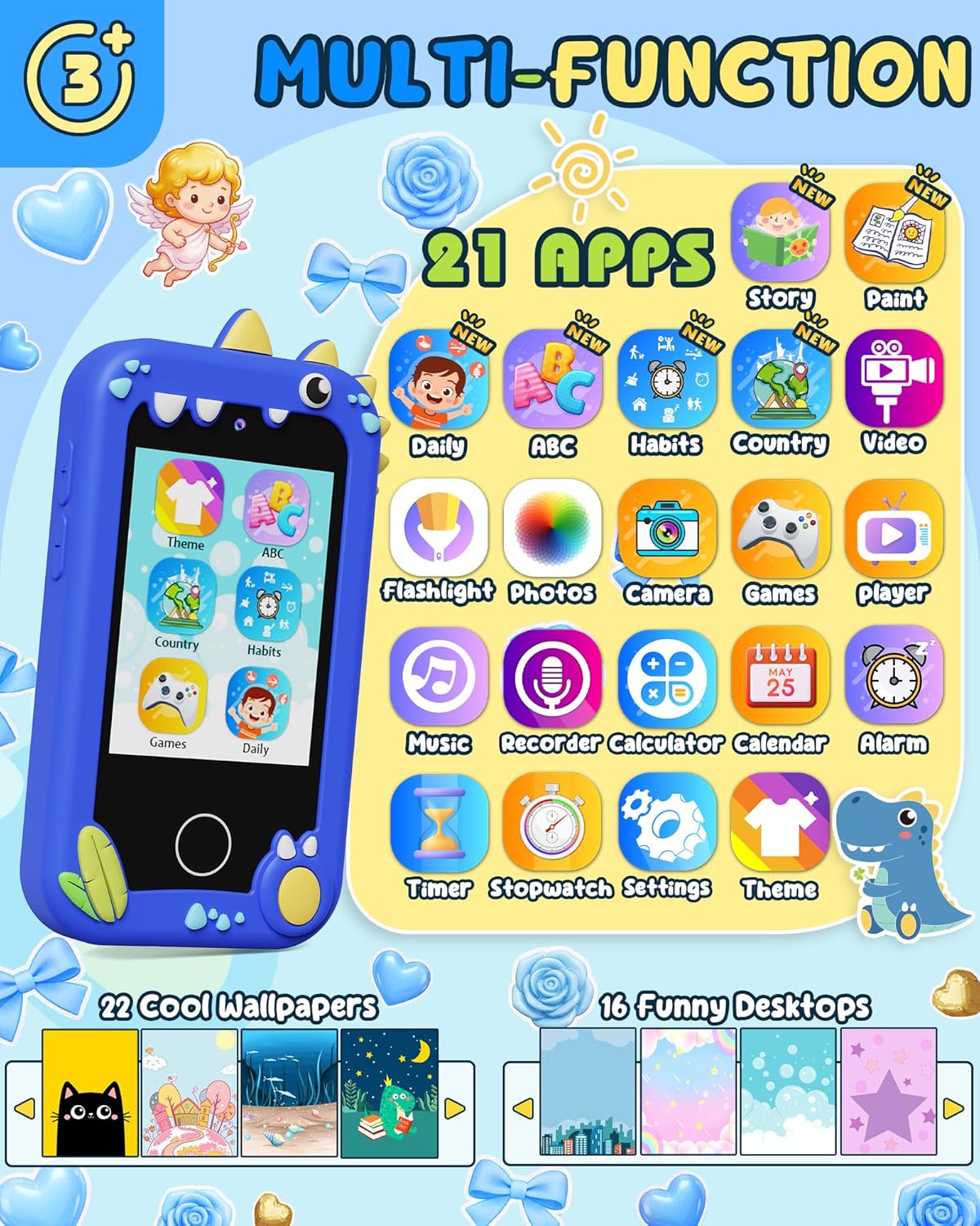 Detalle de UCIDCI Kinder Handy Spielzeug mit Dual-Kamera – Lernspielzeug, MP3-Player und mehr (Blau)