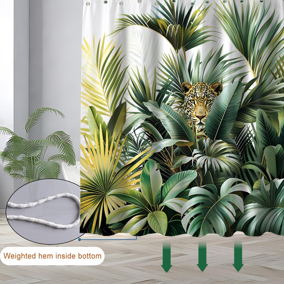 Detalle de GXUNNAA Tropical Leaf 3D Shower Curtain 180x180 cm – Green Palm Leaves