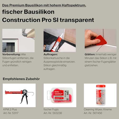 Detalle 1 de fischer Premium-Bausilikon DBSA 310 ml, geruchsarm, transparent – wetterfeste Dichtmasse für Innen & Außen