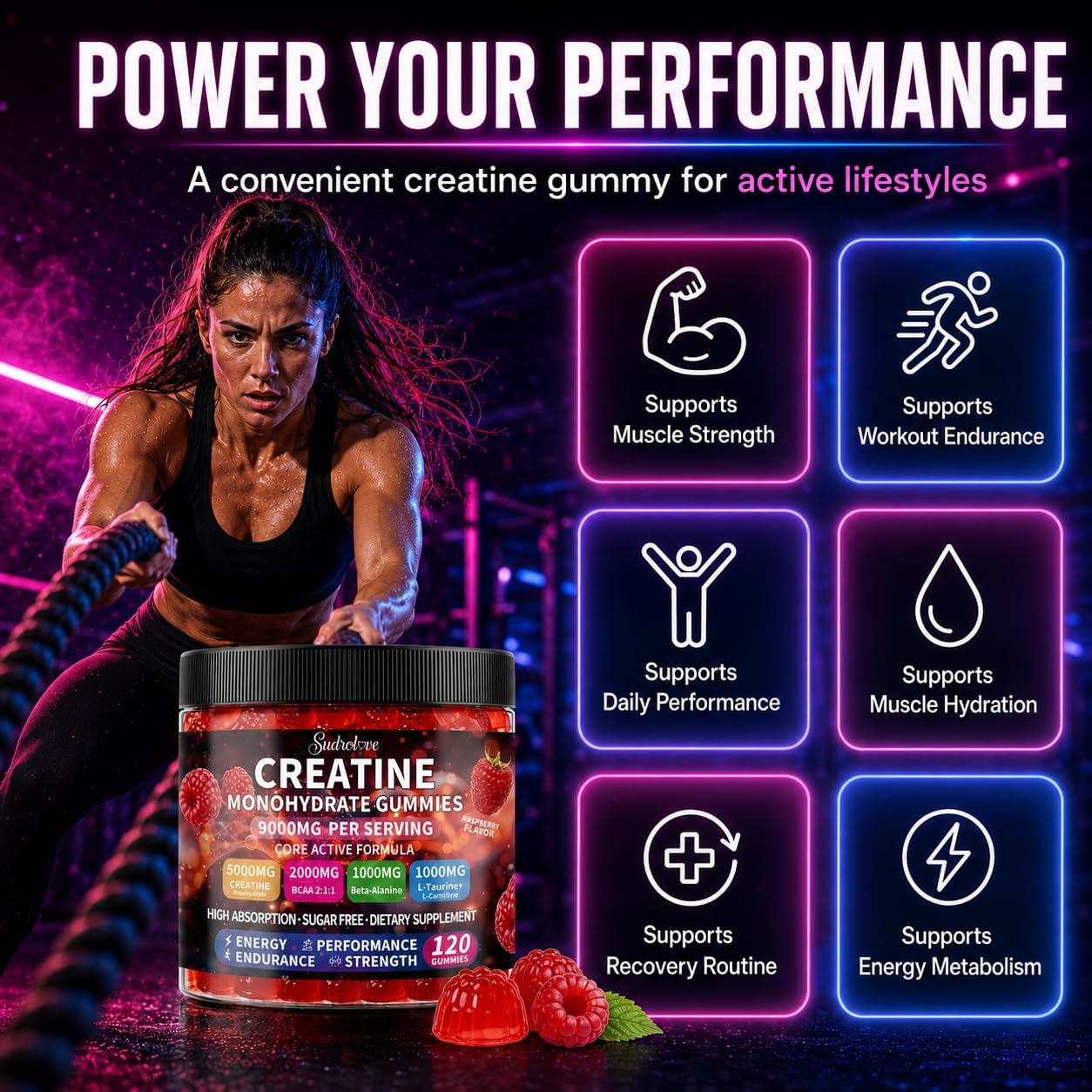 Detalle 1 de sudrolove Creatine Monohydrate Gummies, 5,000 mg, 120 Count