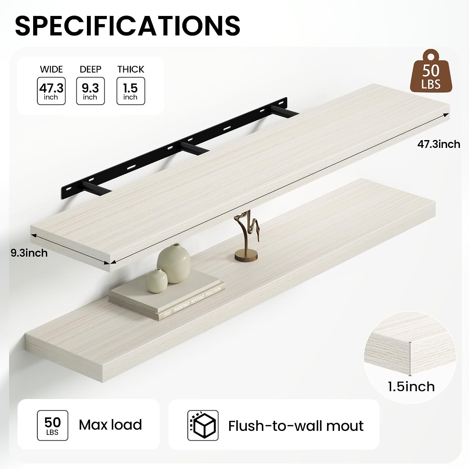 Thumbnail 2 de Heimlove Floating Shelves for Wall, 48-Inch Engineered-Wood Shelf, 9.3-Inch Deep