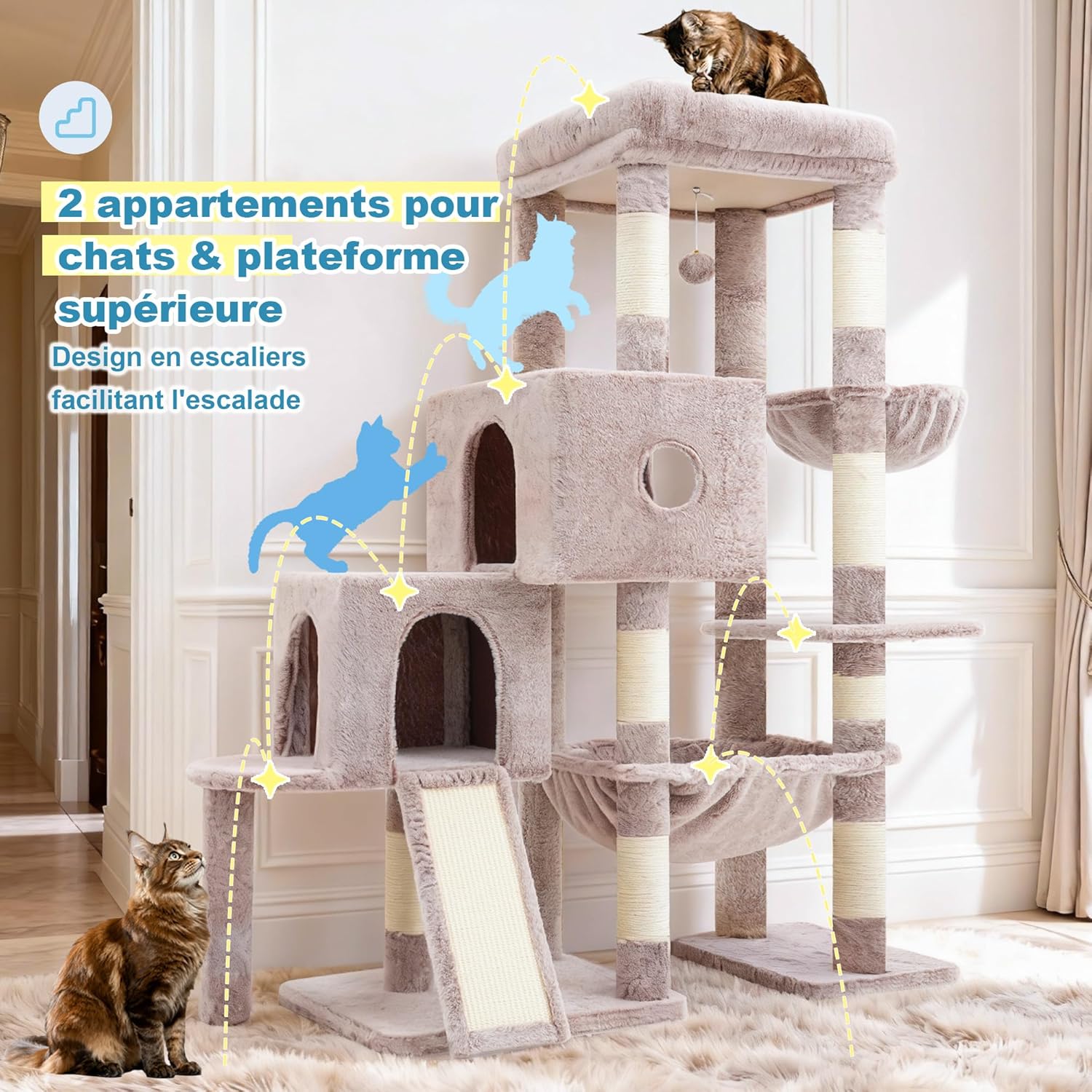 Detalle de Hey-brother Arbre à Chat avec grande plateforme, hamac et 2 niches (beige-marron) MPJ071MU