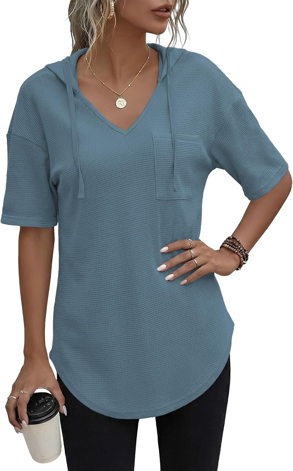 Thumbnail 1 de Cuptacc Pullover Damen Hoodie Langarm V-Ausschnitt – Kapuzenpullover, Einfarbig, Drawstring