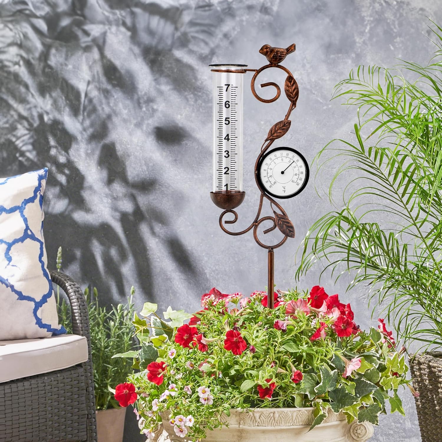 Thumbnail 6 de 32-Inch Garden Rain Gauge with Thermometer — Metal Bird Outdoor Yard Decor & 7-Inch Glass Tube
