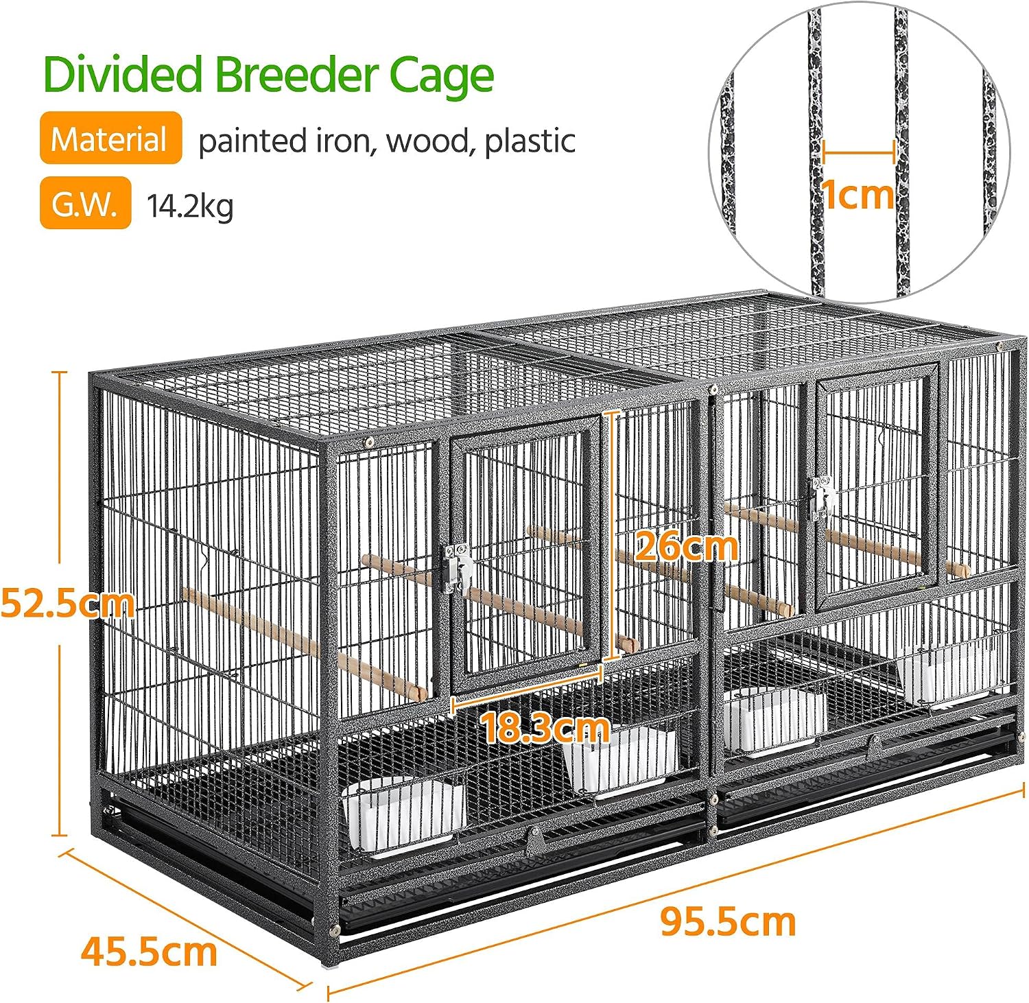 Detalle de Yaheetech Cage Oiseau Volière 95,5 x 45,5 x 52,5 cm – double espace, métal antirouille