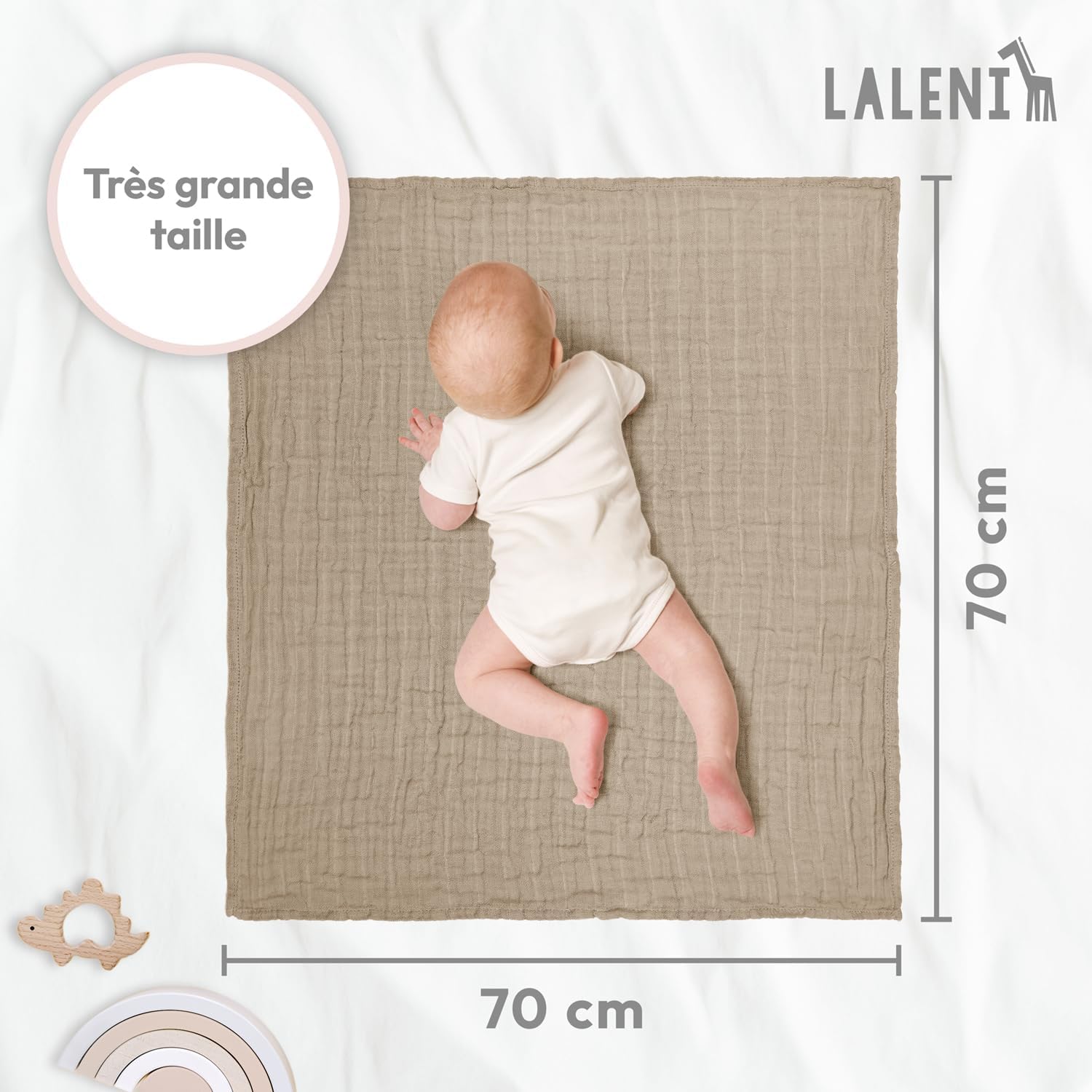 Thumbnail 4 de Laleni lot de 5 langes bébé en mousseline pur coton 70x70 cm – beige