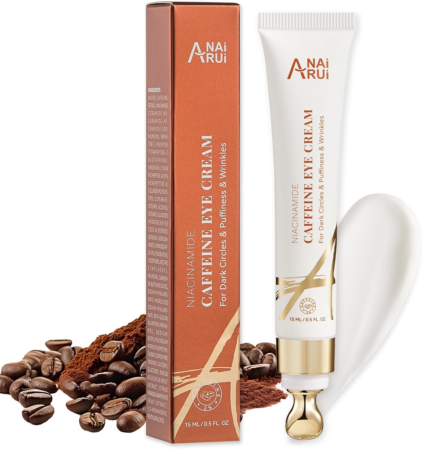 Detalle de ANAiRUi Crema per gli occhi alla caffeina con rullo a punta metallica e niacinamide