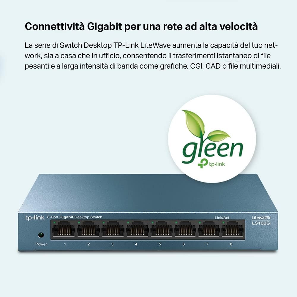 Detalle de TP-Link LS108G switch Ethernet Gigabit a 8 porte con QoS e struttura in metallo