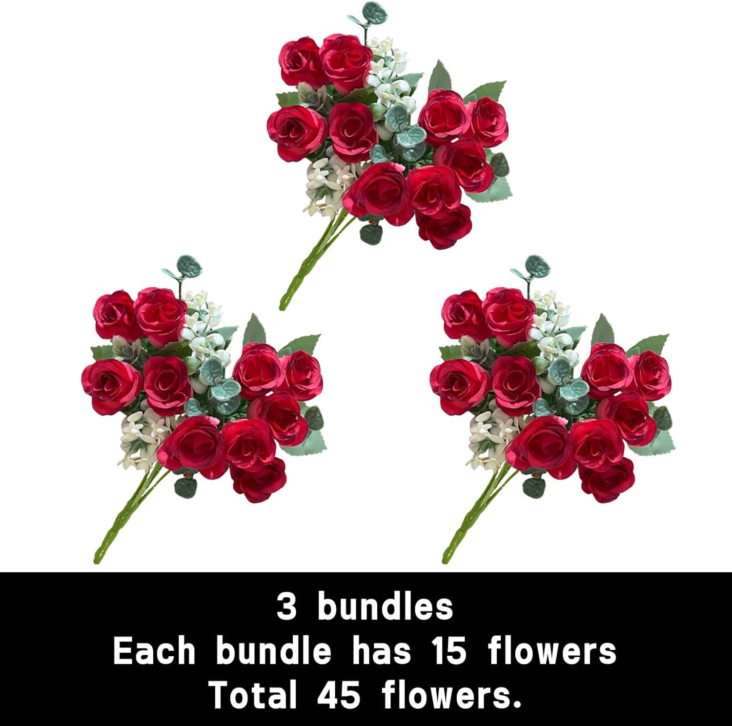 Detalle de astylishome 3-Pack Red Rose Artificial Flowers with Stems – Silk Craft Roses for Decor