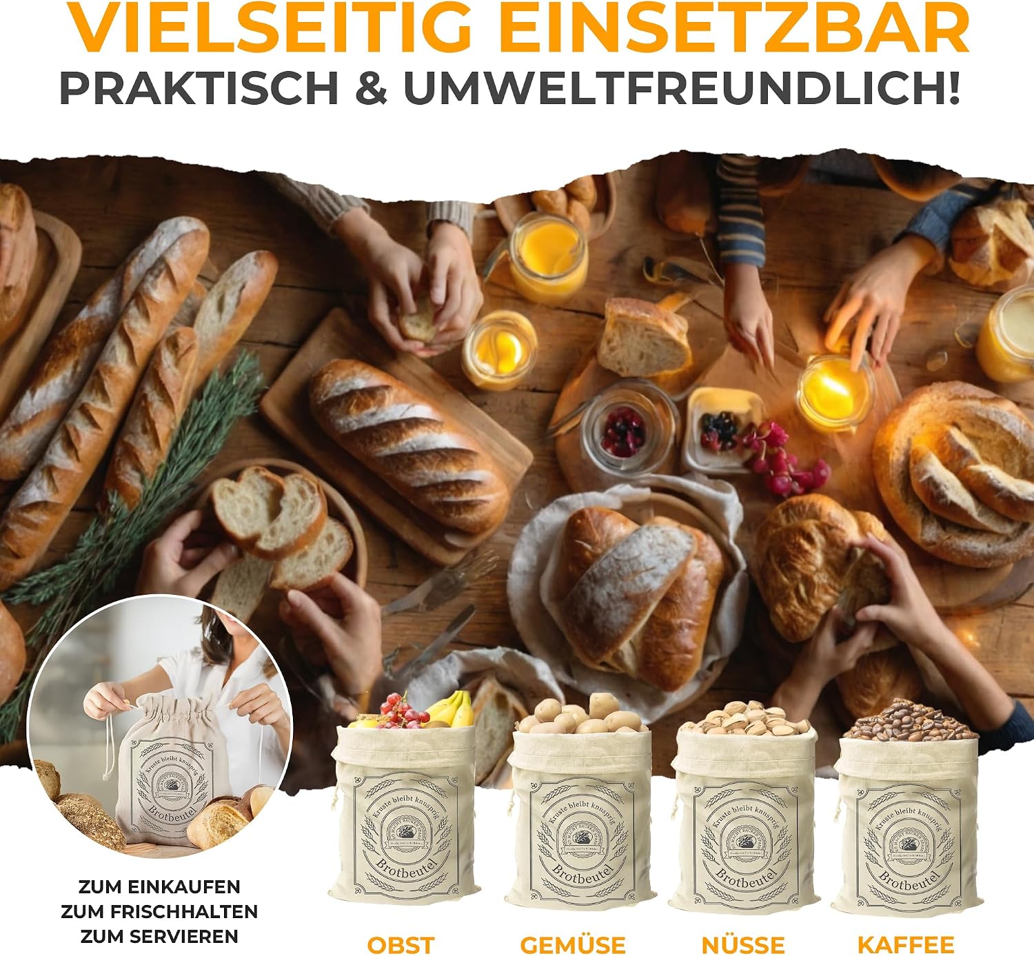 Detalle 2 de AH® Leinen Brotbeutel Set 3er 30x40 cm – atmungsaktiv, ungebleicht, wiederverwendbar