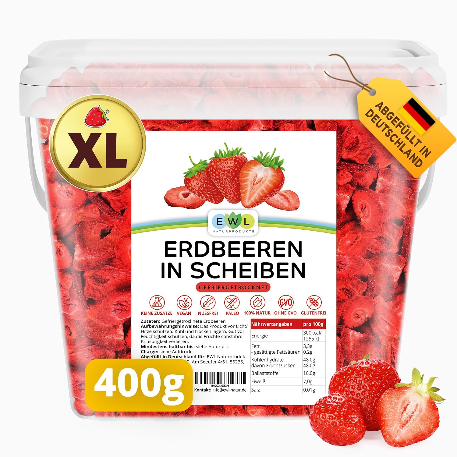 Detalle de EWL Gefriergetrocknete Erdbeeren 400 g – 100% Frucht, ohne Zucker, veganer Snack