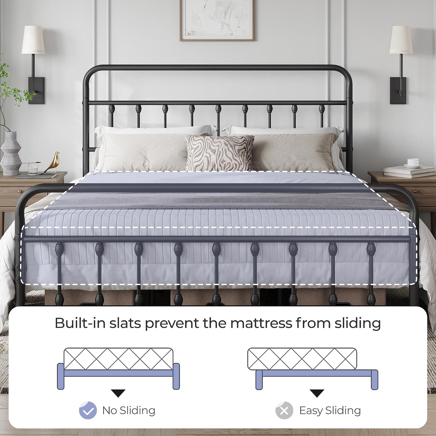 Detalle de Yaheetech King Metal Platform Bed Frame with Victorian Headboard and Under-Bed Storage