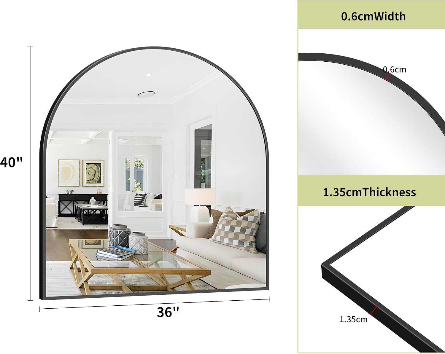 Detalle de BONEWEI Arched Bathroom Mirror, 36 x 40-Inch Black Aluminum Frame