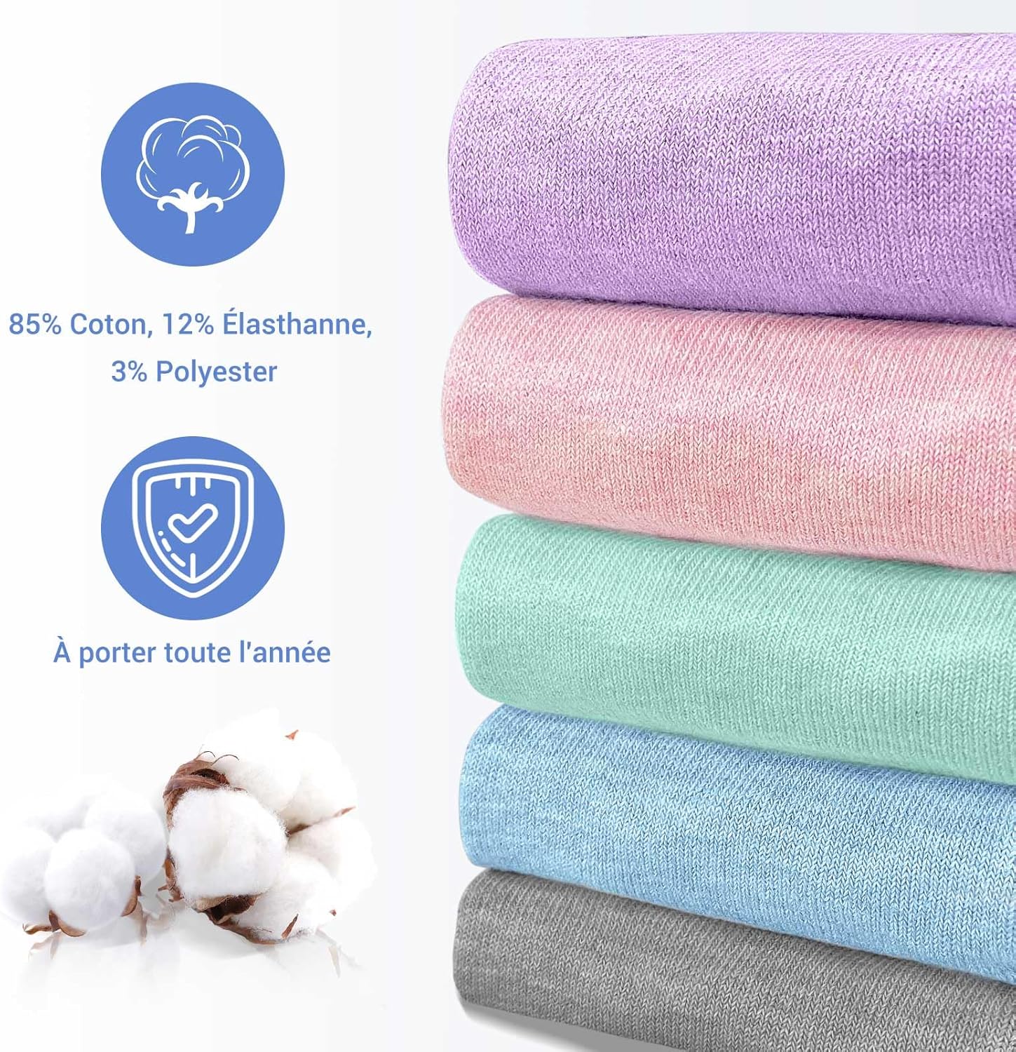 Detalle 2 de PUTUO Chaussettes Antidérapantes pour Femme – 5 Paires en coton, revers élastique, antidérapantes
