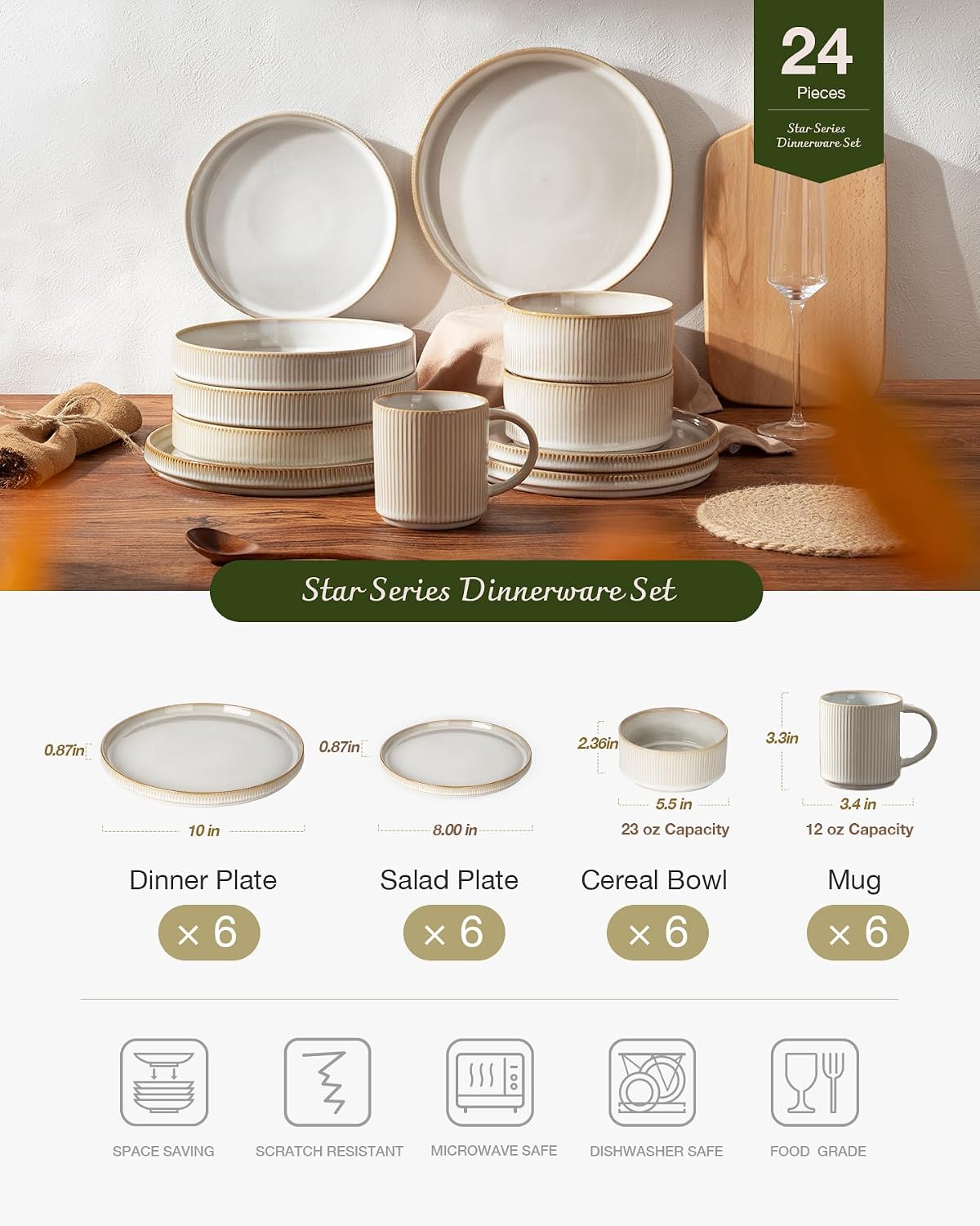 Detalle de Famiware Star Dinnerware Set with Mugs (Service for 6, 24 Pieces) in Cappuccino White