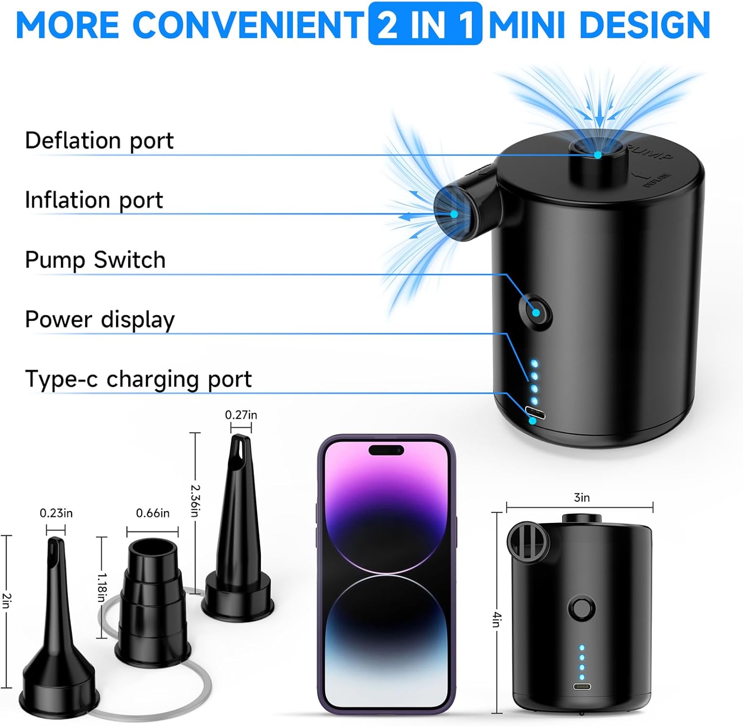 Detalle de TECHSHARE Elektrische Luftpumpe mit 4000mAh Akku – 50 W, 4 Düsen, USB-Aufladung