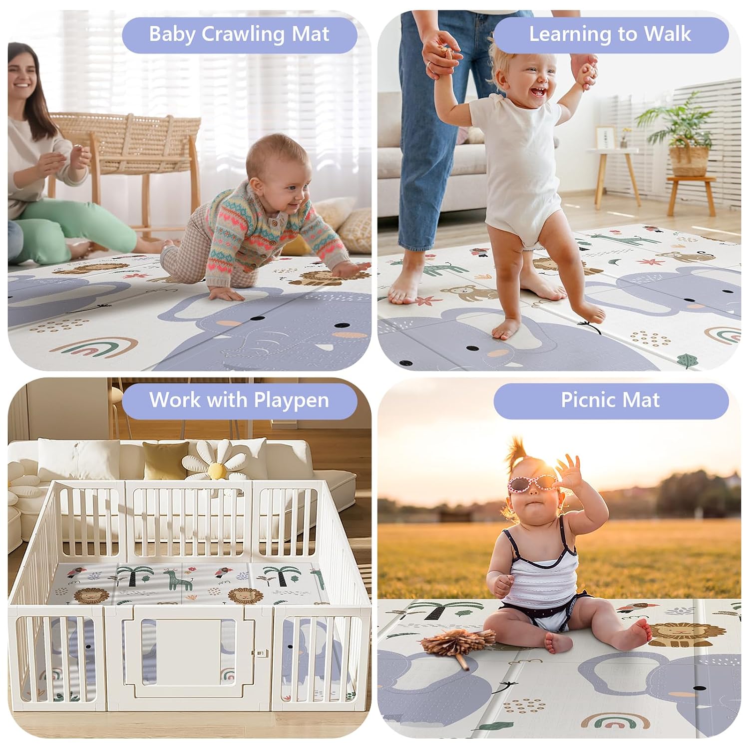 Detalle de NOONKTY 79 x 71-Inch Baby Play Mat, Foldable XPE Foam, Waterproof, Double-Sided