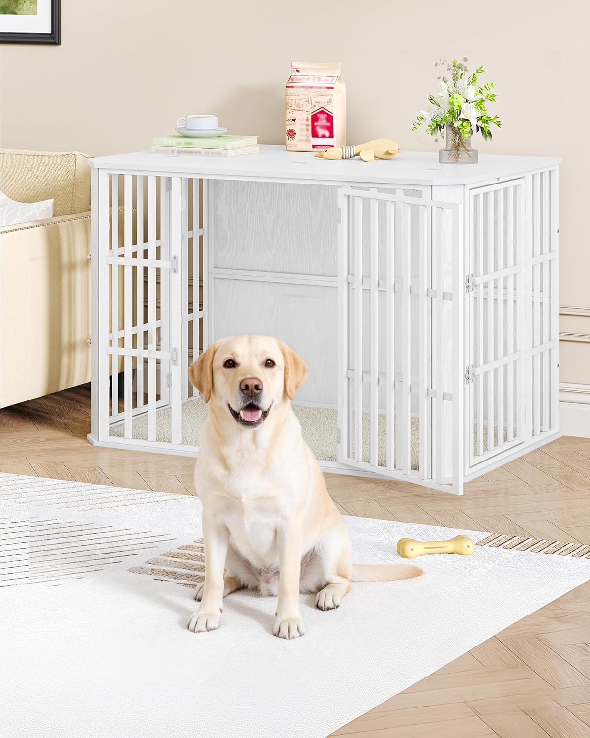 Thumbnail 5 de Hzuaneri Hundekäfig-Möbel DFC86813W: robuste Holz-Hundebox mit Futtertür oben und Mehrtür-Design