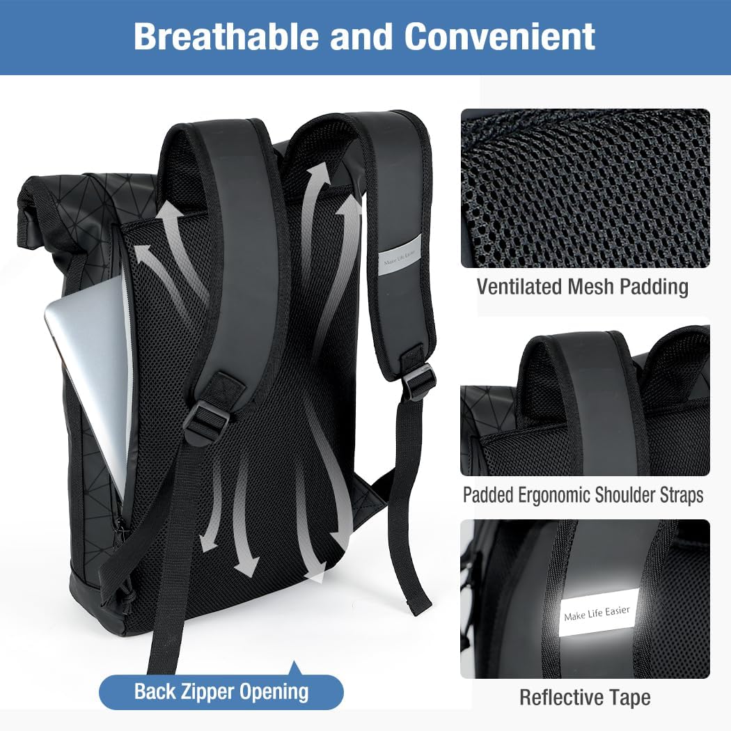 Detalle de Lekeinchi Rolltop Rucksack Wasserdicht – 17 Zoll Laptop, Großes Fassungsvermögen, Damen & Herren, Reiserucksack im Rautenmuster