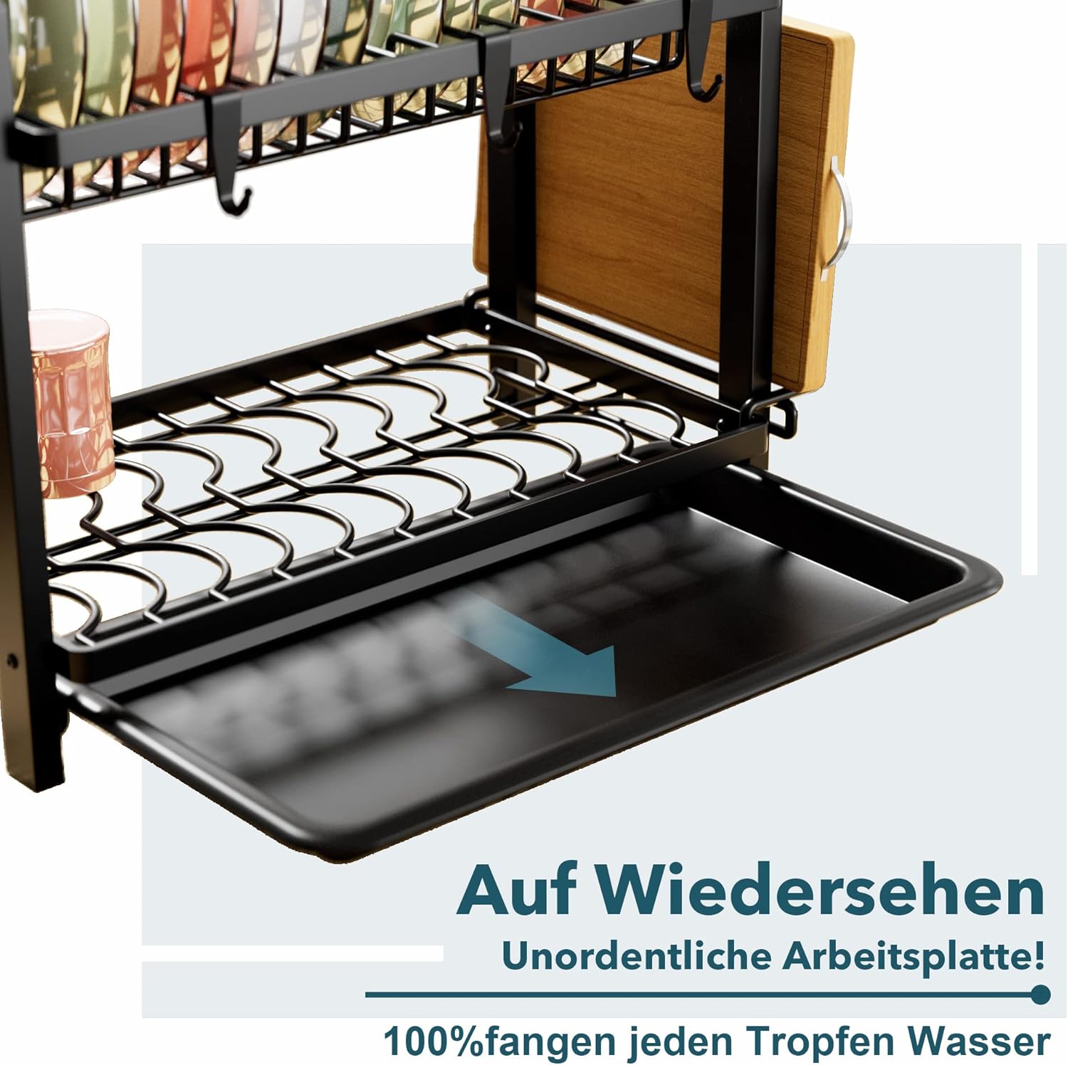 Detalle de niffgaff 2-stufiges Abtropfgestell Geschirr Schwarz (43,5 × 24,5 × 34,5 cm) mit Edelstahl-Abtropfgitter