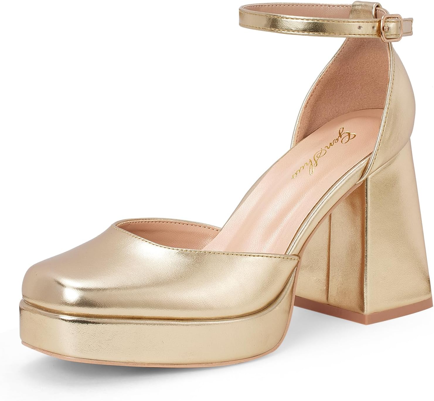 Detalle de GENSHUO Women's Platform Chunky Heel Pumps – 4-Inch Closed Square Toe with Ankle Strap