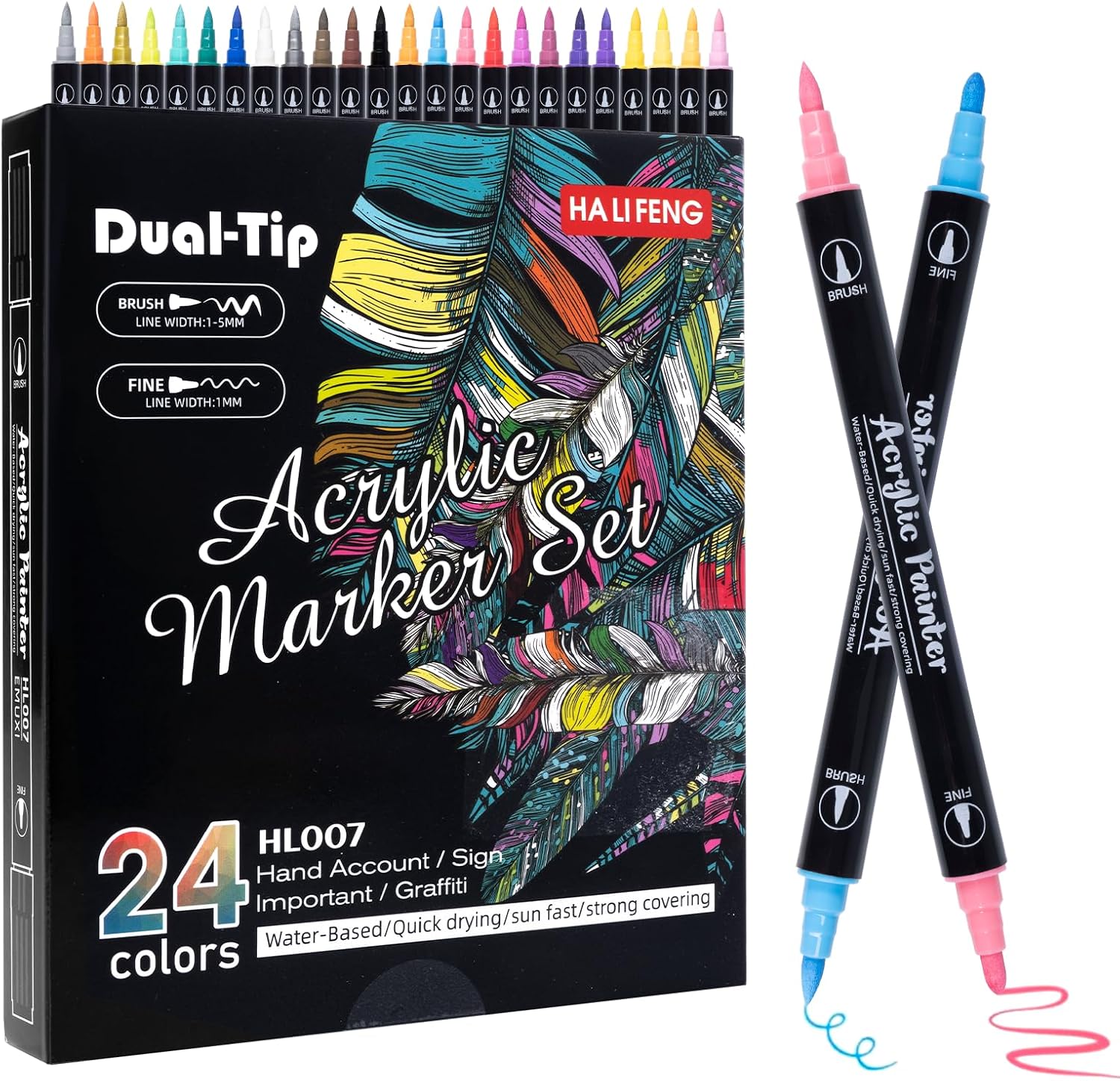 Detalle de Carehabi Pennarelli Acrilici a Doppia Punta, 24 Colori impermeabili