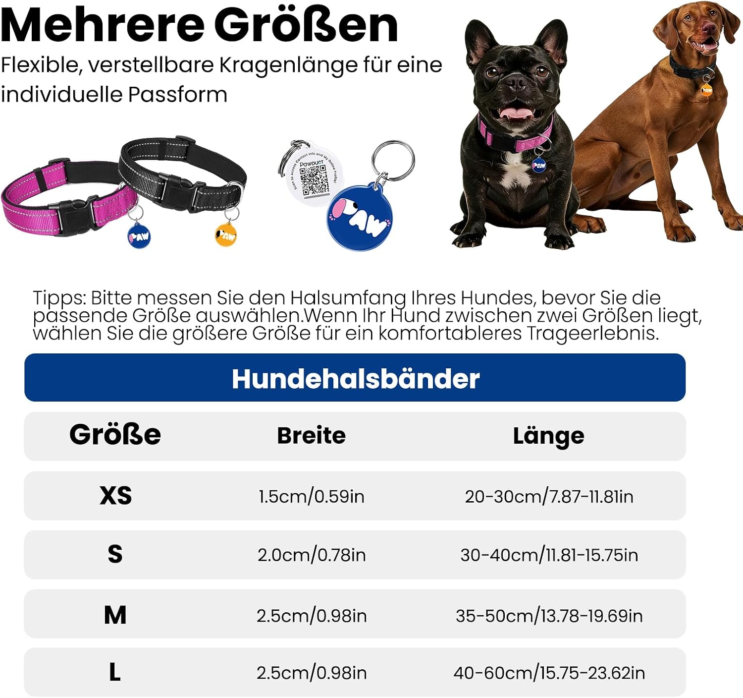 Detalle de PawView Halsband Hund Verstellbar – Weich gepolstertes Neopren-Nylon Halsband mit QR-Code-Hundemarke (S: 2 cm breit, 30–40 cm) Magenta