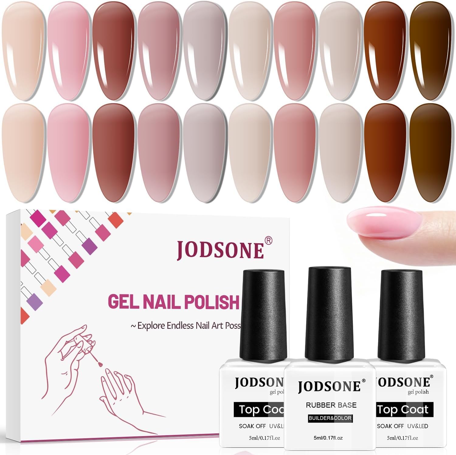 Detalle de JODSONE Set 10 colori Gel Base 3 in 1 con Top Coat: kit nail art jelly per manicure fai da te